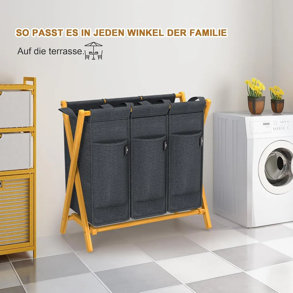 Corbeille à Linge 150L 3 Compartiments en Bambou avec Sacs Amovibles - 2