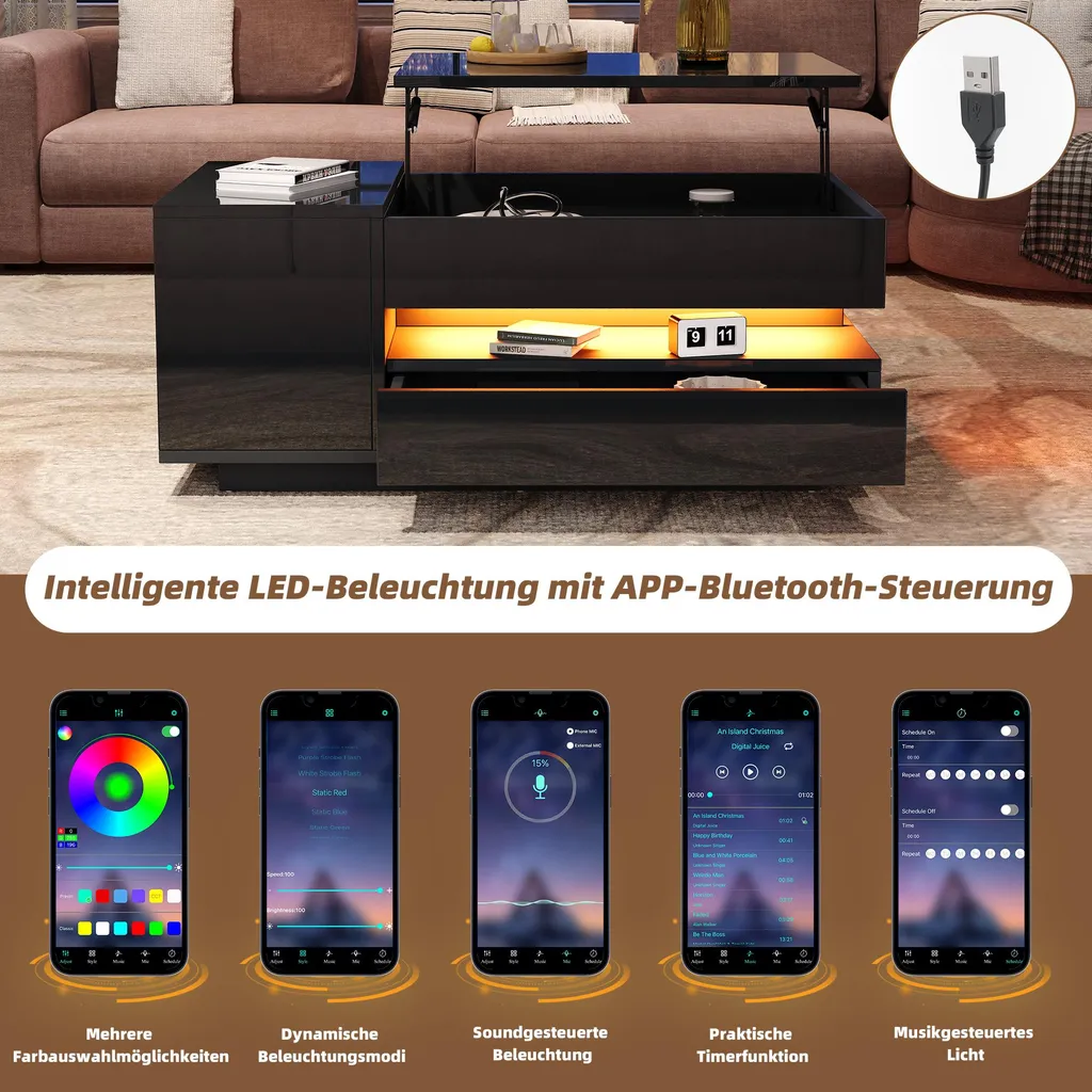 Table Basse Haute Brillance Relevable avec LED et Coffre de Rangement - 10