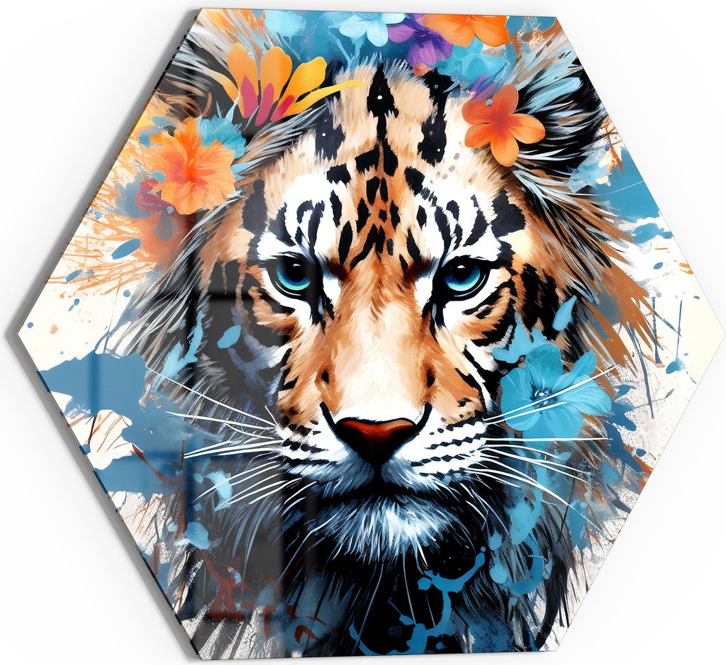 DEQOART Glasbild Echtglas 55x48 cm 'Tigerflorale Pracht' Wandbild Bild modern Deko