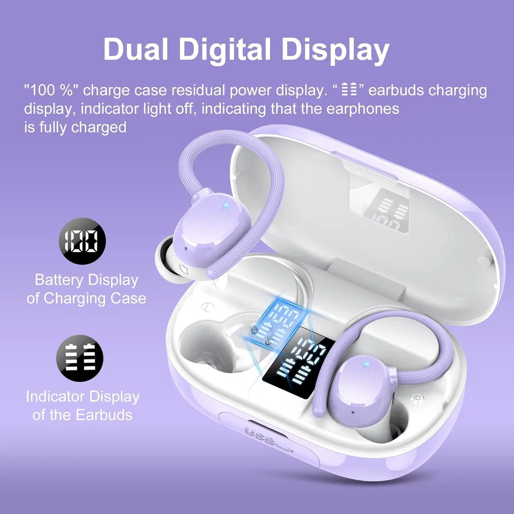 Cuffie Bluetooth sportive senza fili, batteria ricaricabile da 128 ore, Bluetooth 5.3, cancellazione del rumore ENC, bassi HiFi, impermeabilità IPX7, gancio per l'orecchio, display LED, custodia di ricarica USB-C - 3