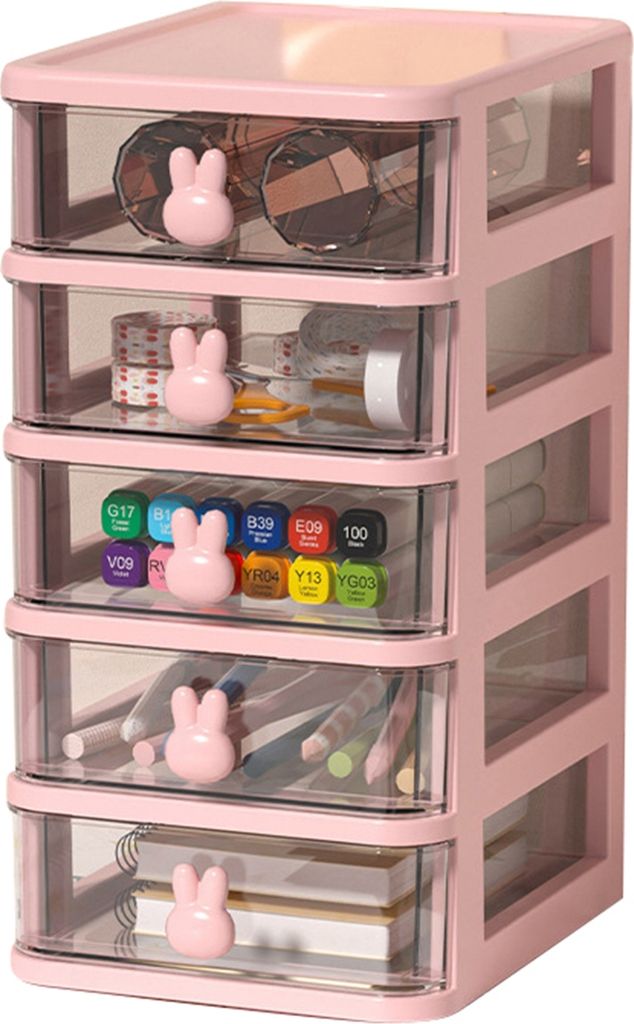 Mehrstufige Schreibtisch-Aufbewahrung, transparent mit Hasen-Griff, großes Fassungsvermögen, für Bürobedarf wie Stifte und Bücher, rosa, 5 Ebenen