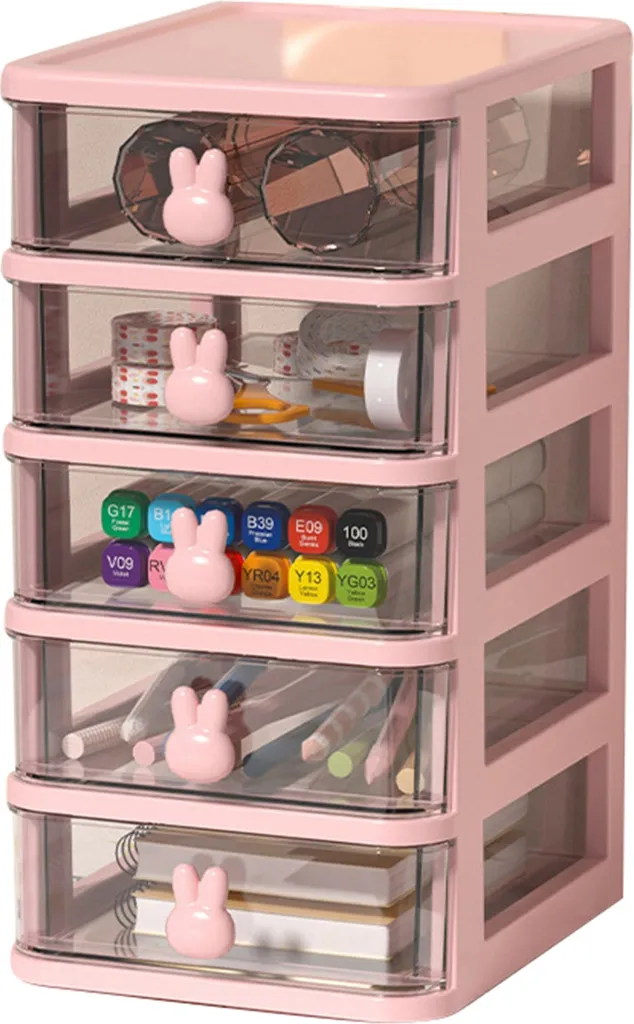 Tour de rangement bureau grande capacité 5 étages rose avec poignée lapin