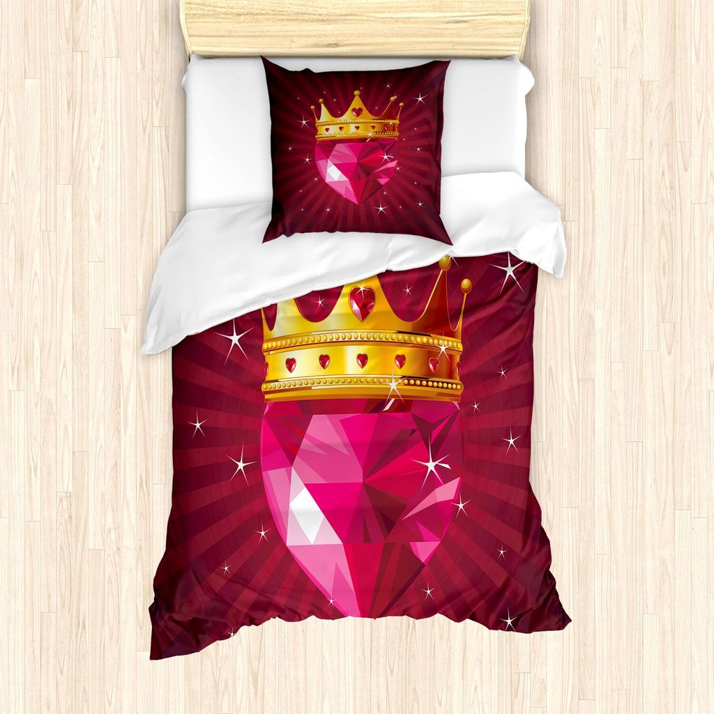 ABAKUHAUS Diamant Bettbezug Set, Kristall Liebes Diamant Tragende Kronprinzessin Queen Auf Radialhintergrund Druck, 135 x 200 cm + 80 x 80 cm, Rosa...
