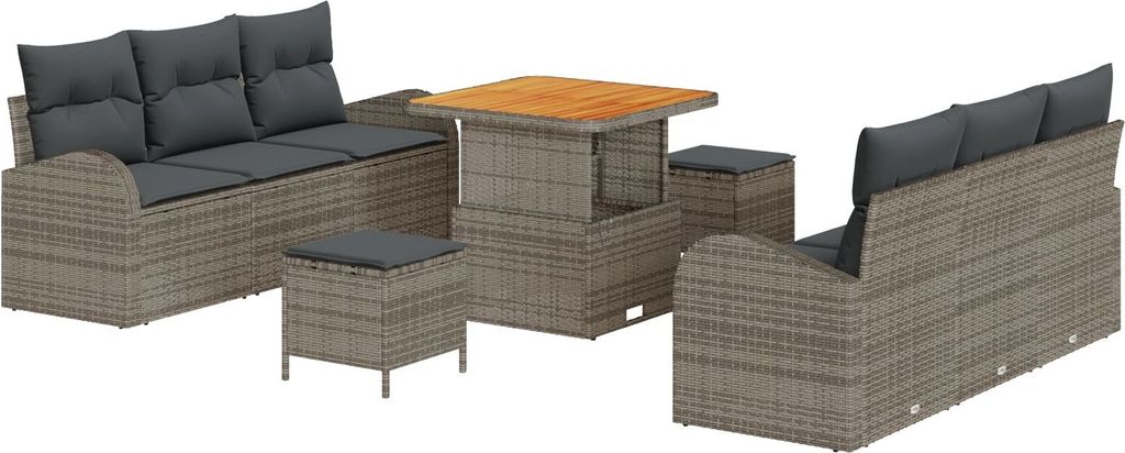 9-teiliges Garten-Sofa-Set mit Kissen Grau Poly-Rattan Akazie, 2-Sitzer Garten-Sofa mit Kissen Grau Poly-Rattan, 3-teiliges Garten-Dining-Set mit K...