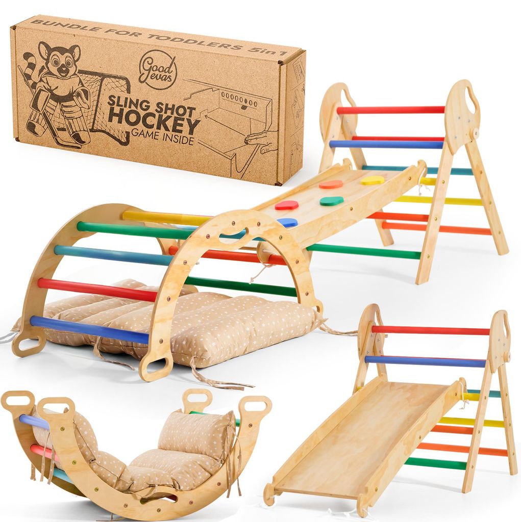 5-in-1 Montessori Klettergerüst Set: Indoor Kletterdreieck, Kletterbogen mit Kissen, und Rutsche für Kinder, Indoor Spielplatz 1-3 Jahre
