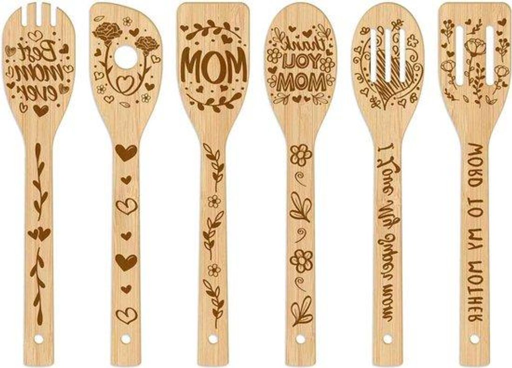 Houten Kookgerei Set - 6 Stücke - Holz Löffel Set - Gegraveerte Holz Löffel - Holzkochlöffel Set - Kochlöffel für die Küche