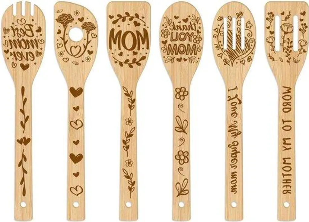 Set de cuillères de cuisine en bois naturel - Kit 6 ustensiles gravés