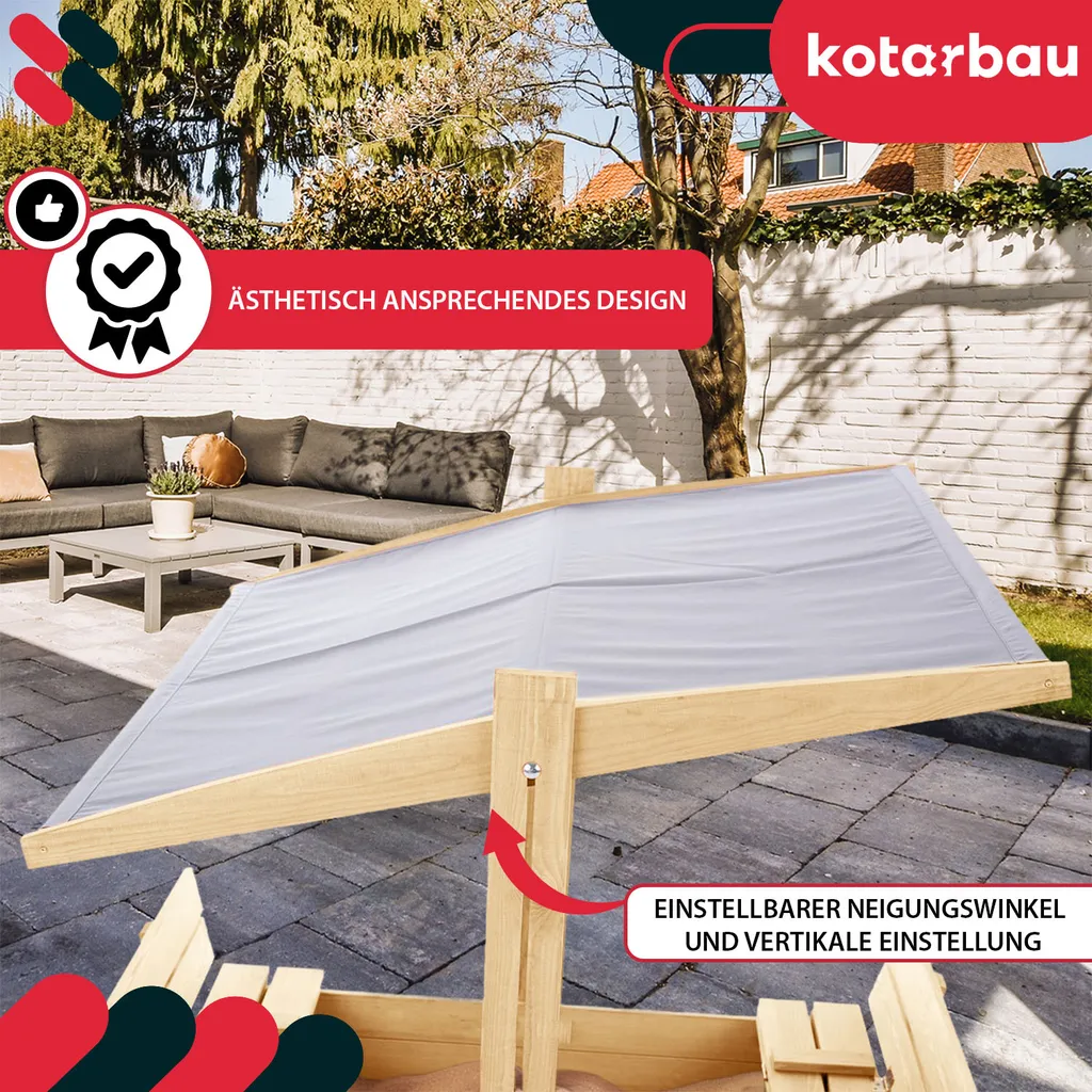 KOTARBAU® Sabbiera con copertura 100 x 100 cm Grande sabbiera in legno di colore naturale con tetto grigio sabbiera con copertura sabbiera con tetto giocattolo da giardino per bambini impregnata chiudibile a chiave con panchine - 4