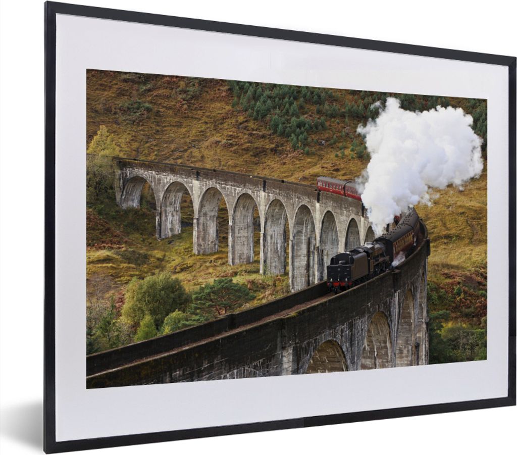 MuchoWow MuchoWow Gerahmtes Poster Ein Dampfzug überquert eine Brücke 40x30 cm - Poster mit zchwarzem Bilderrahmen - Bilderrahmen - Poster im...