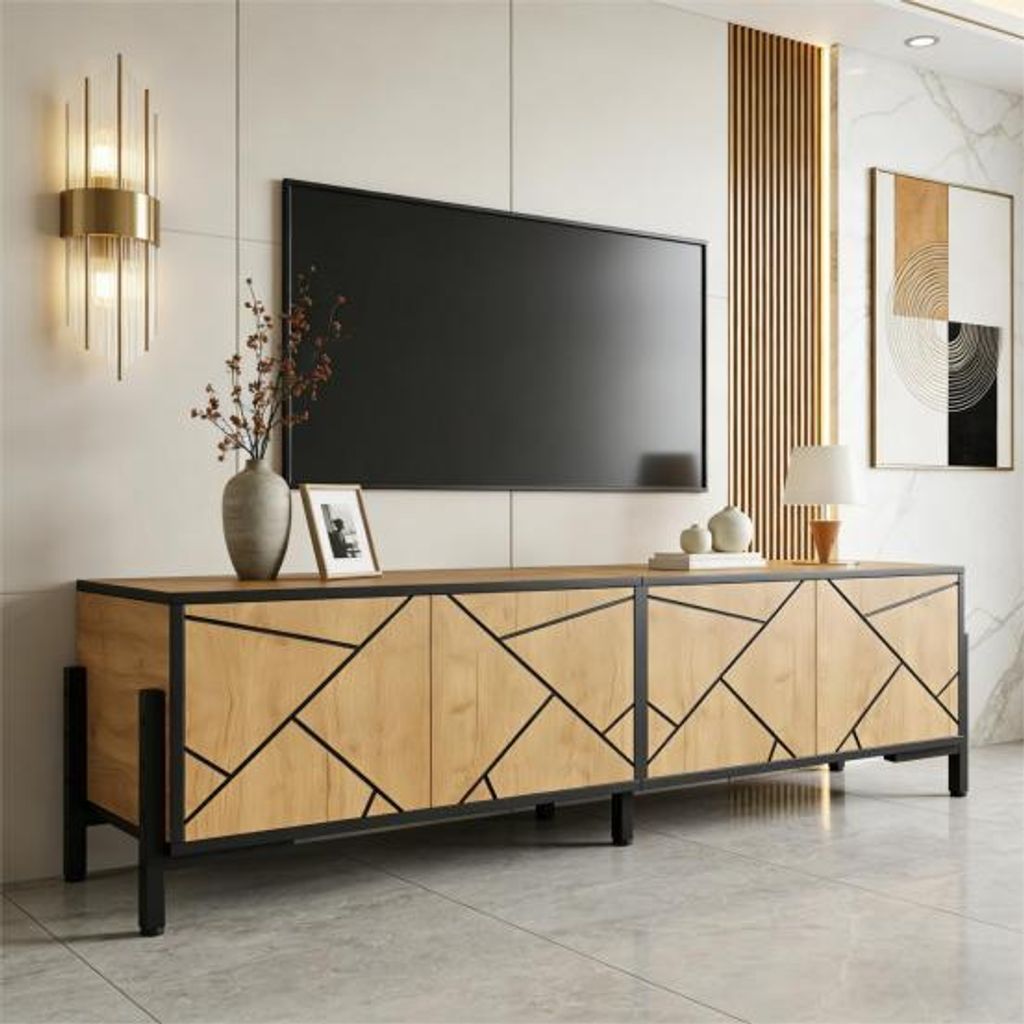 153 x 40 x 50 cm großer TV-Schrank,lowboard,TV-Ständer mit 4 Türen, kontrastierendem geometrischem Design, geeignet für Fernseher um die 65 Zol...