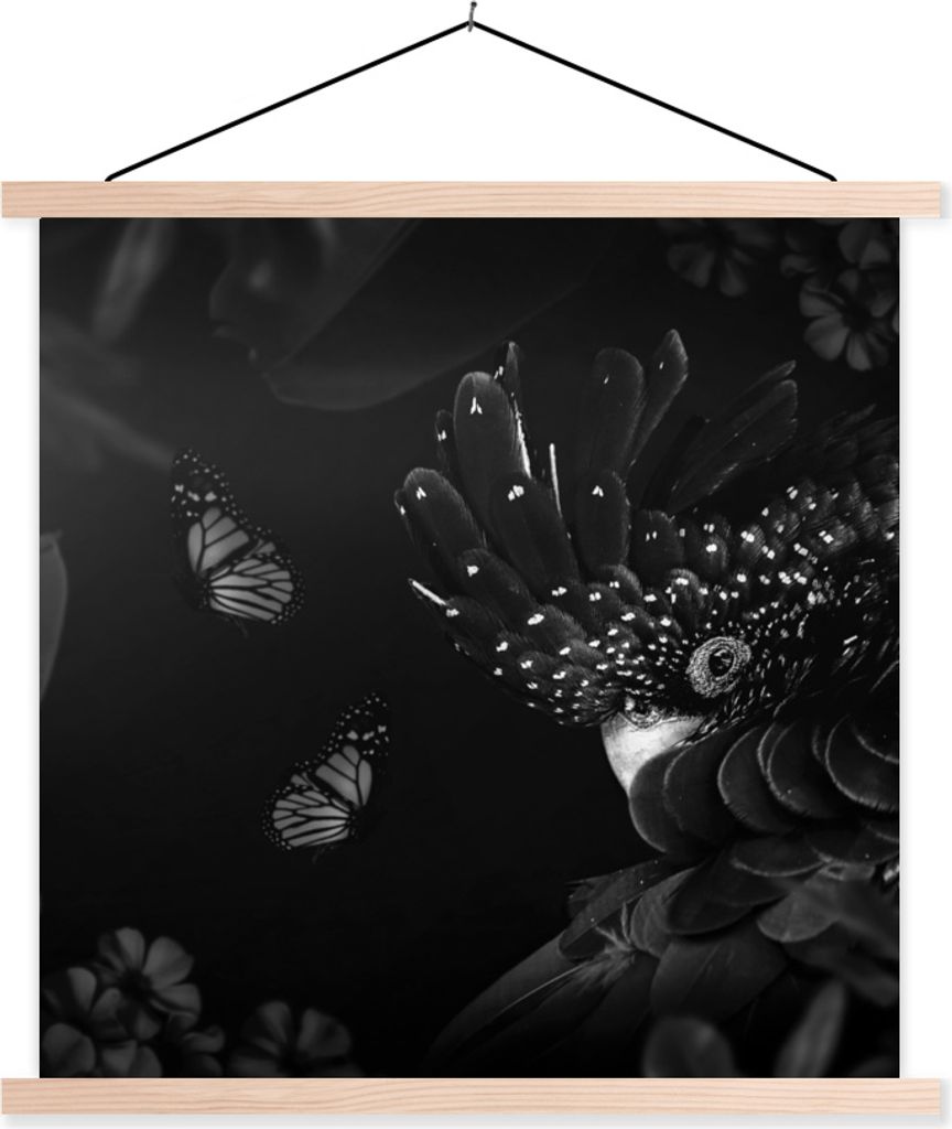 MuchoWow Textilposter Schmetterlinge - Pflanzen - Dschungel - Schwarz - Weiß 120x120 cm mit holzfarbenen Rahmen - Textil-Poster