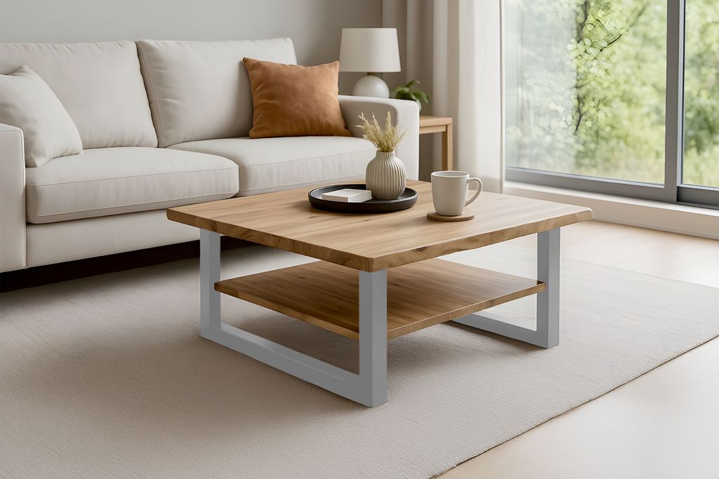Couchtisch Baumkante massiv Akazie natur lackiert 90x90 cm silber PATRICK