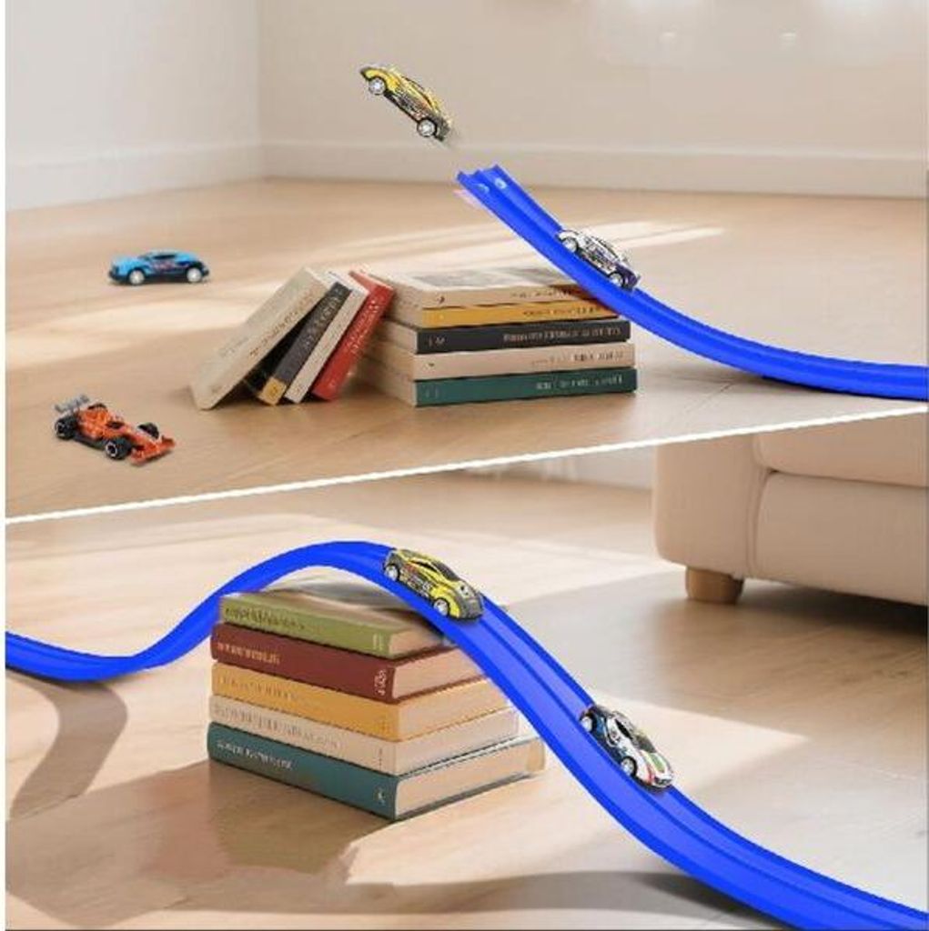 Circuit De Course Flexible 4 Mètres Avec 4 Voitures – Piste à Ventouses, Enroulable Et Facile à Ranger Pour Enfants