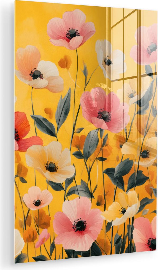 MuchoWow Glasbilder - Bilder auf Wandbild - Foto auf Glas Blumen - Feld - Gelb 60x90 cm Wanddekoration aus Glas - Acrylglasbild - Acrylbilder - Pre...