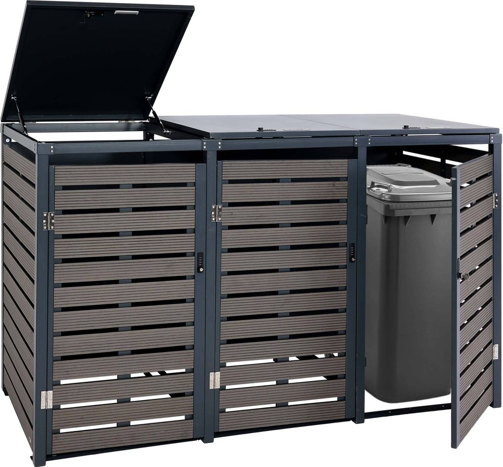 3er Mülltonnenverkleidung HWC-K14, Mülltonnenbox Mülltonnenabdeckung, 119x205x84cm WPC Metall 109kg anthrazit