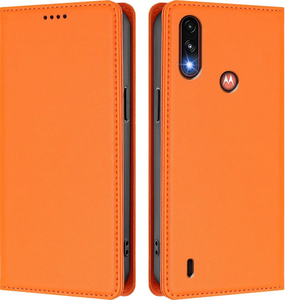 Handyhülle für Motorola Moto E7 Power, Kunstleder Klapphülle Stoßfeste Magnetische Hülle mit Ständer Orange