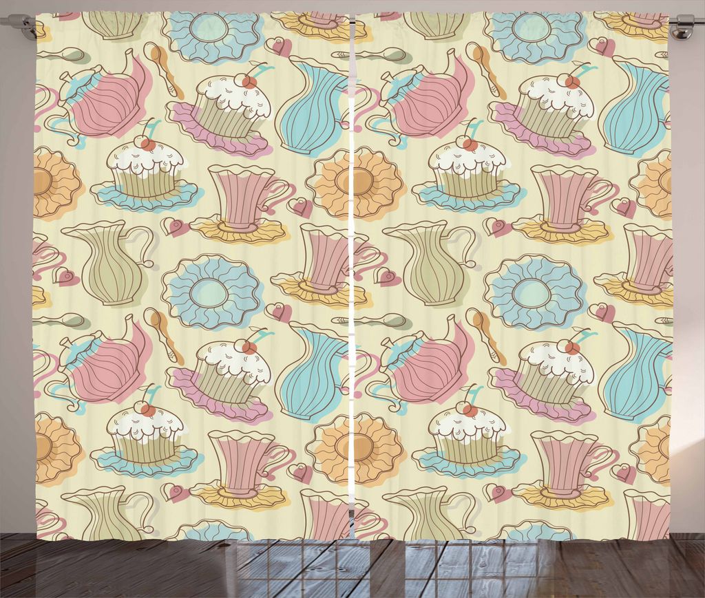 ABAKUHAUS Tee-Party Rustikaler Gardine, Retro kleine Kuchen Tassen, Schlafzimmer Kräuselband Vorhang mit Schlaufen und Haken, 280 x 175 cm, Mehrfa...