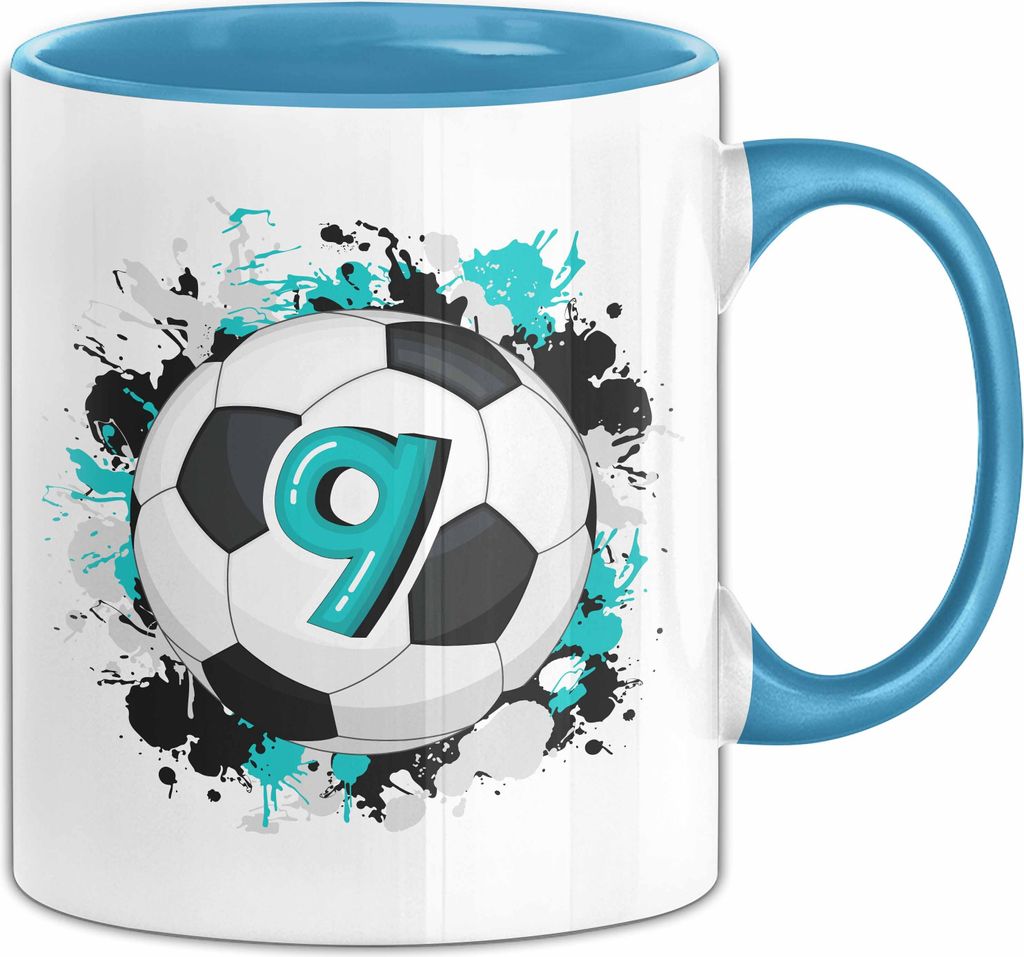 9. Geburtstag Geschenk Tasse Becher Jungs Fußball Geburtstagsgeschenk (Blau)
