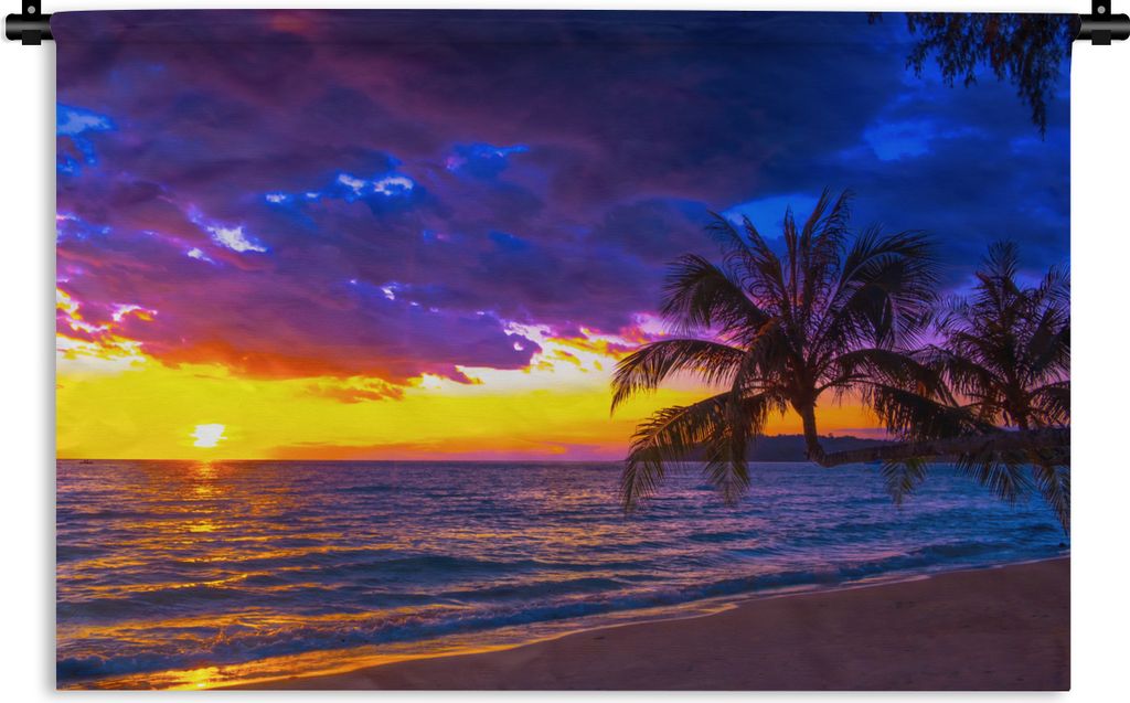 MuchoWow Wandteppich Wandbehang Palme - Lila - Sonnenuntergang - Strand - Meer 120x80 cm Tapisserie Dekoration Wandtuch - Wanddekorationen - Wand...