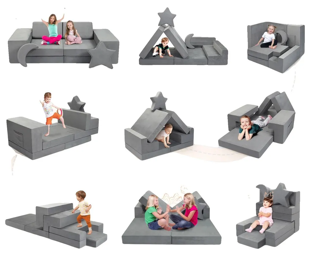 Canapé de jeu enfant 9 pièces déhoussable et modulable en mousse grise
