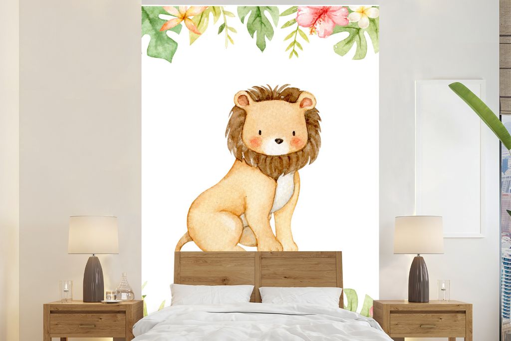 MuchoWow Fototapete für Wohnzimmer oder Schlafzimmer Wandtapete Vinyl Motivtapete Löwe - Dschungel - Blumen - Blätter - 225x350 cm - Schlafzim...