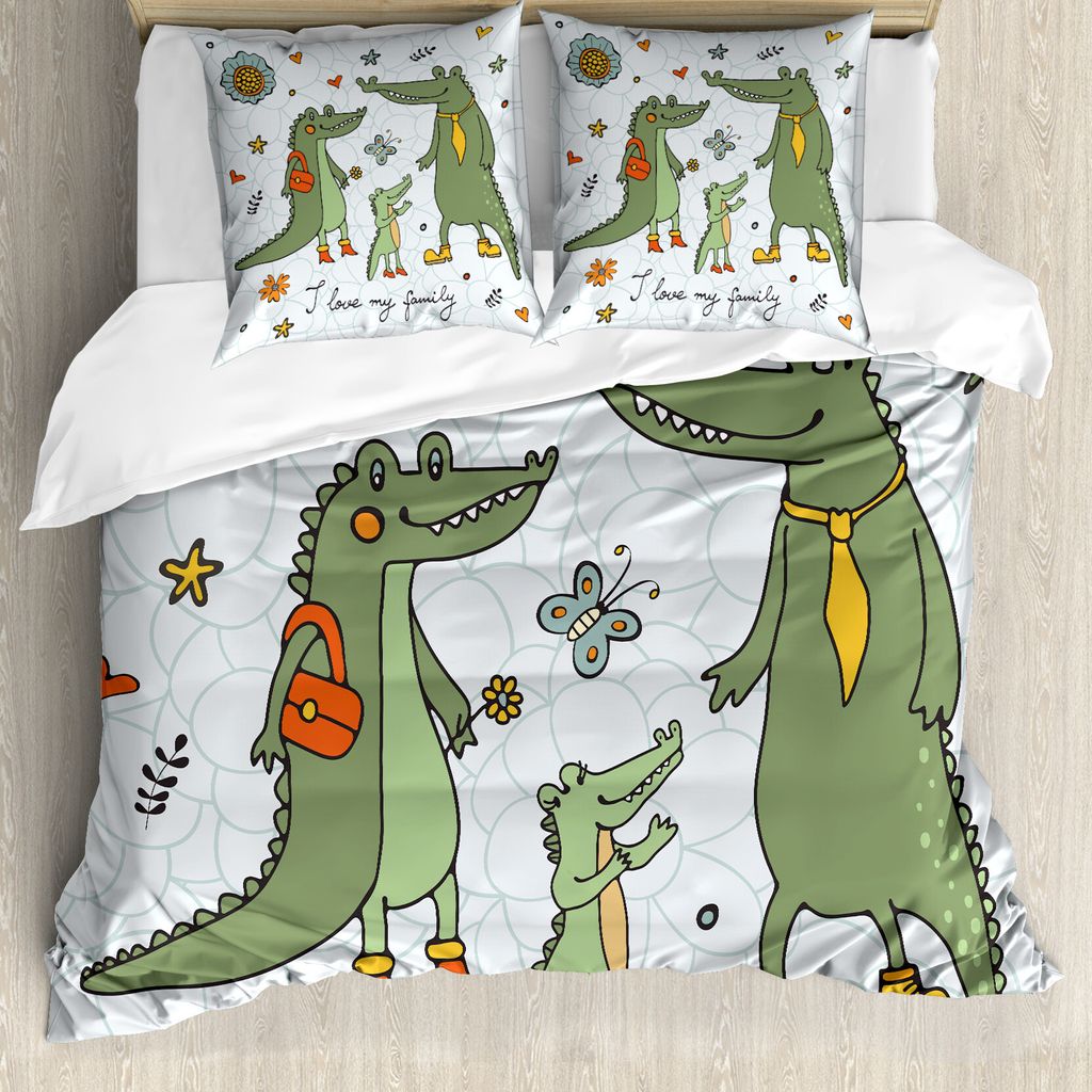 ABAKUHAUS Familie Bettbezug, Alligator Familie Cartoon, Milbensicher Allergiker geeignet mit Kissenbezügen, 155 cm x 220 cm - 80 x 80 cm, Mehrfarbig