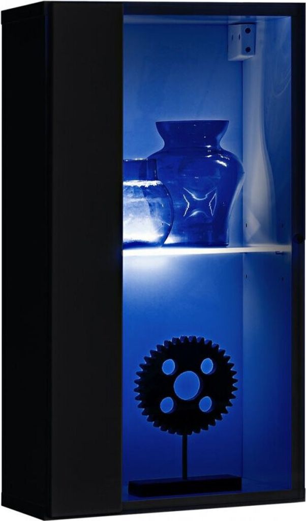 A black glass display cabinet with internal blue lighting, showcasing decorative items.