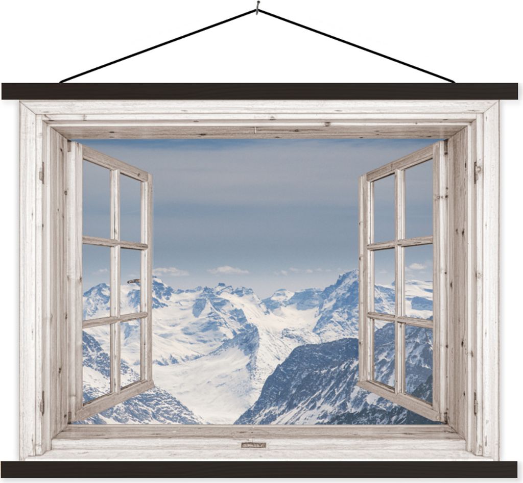 MuchoWow Textilposter Aussicht - Berg - Holz 60x45 cm mit schwarzem Rahmen - Poster Schlafzimmer