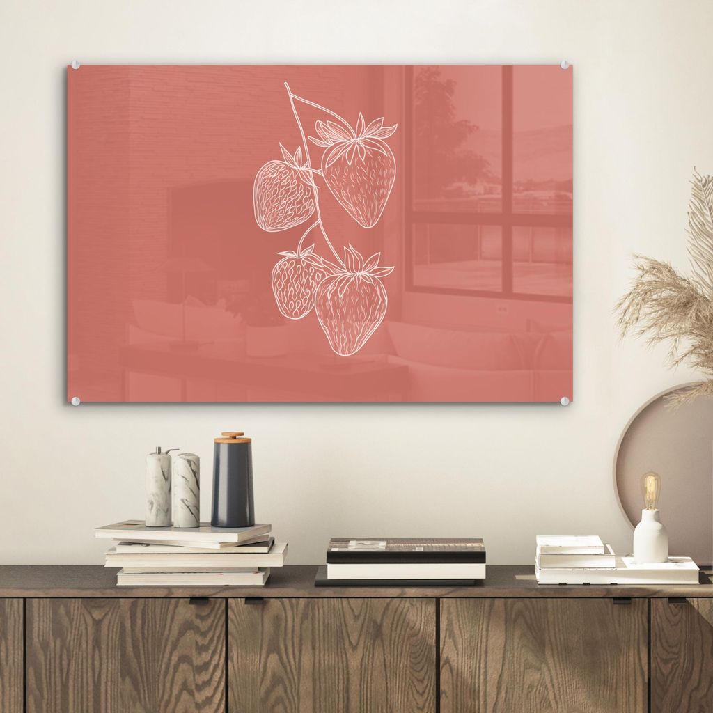 MuchoWow Glasbilder - Bilder auf Wandbild - Foto auf Glas Minimalistisch - Illustration - Erdbeere - Zweig 60x40 cm Wanddekoration aus Glas - Acryl...