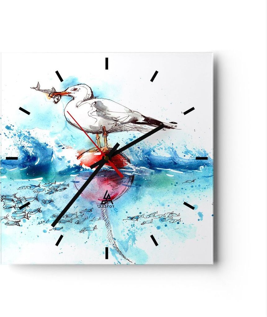 Wanduhr - Quadrat - Glasuhr - Wasser Fische Möwe hungrig - 30x30cm - Schleichendes Uhrwerk - Lautlos - zum Aufhängen bereit - Dekoration Modern -...