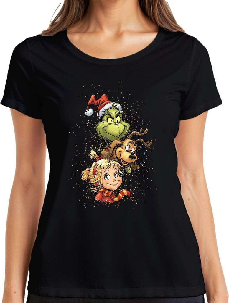 Grinch Cindy Lou Who Max Hund Weihnachten lustig Geschenk Retro Damen T-Shirt, Schwarz, L