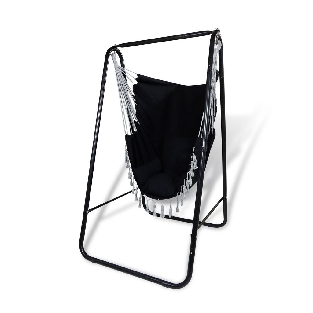 CCLIFE Hängesessel mit Gestell Kissen Hängeschaukel Hängestuhl Bis 100kg Indoor & Outdoor Garten Hängesitz, Schwarz-schaukel