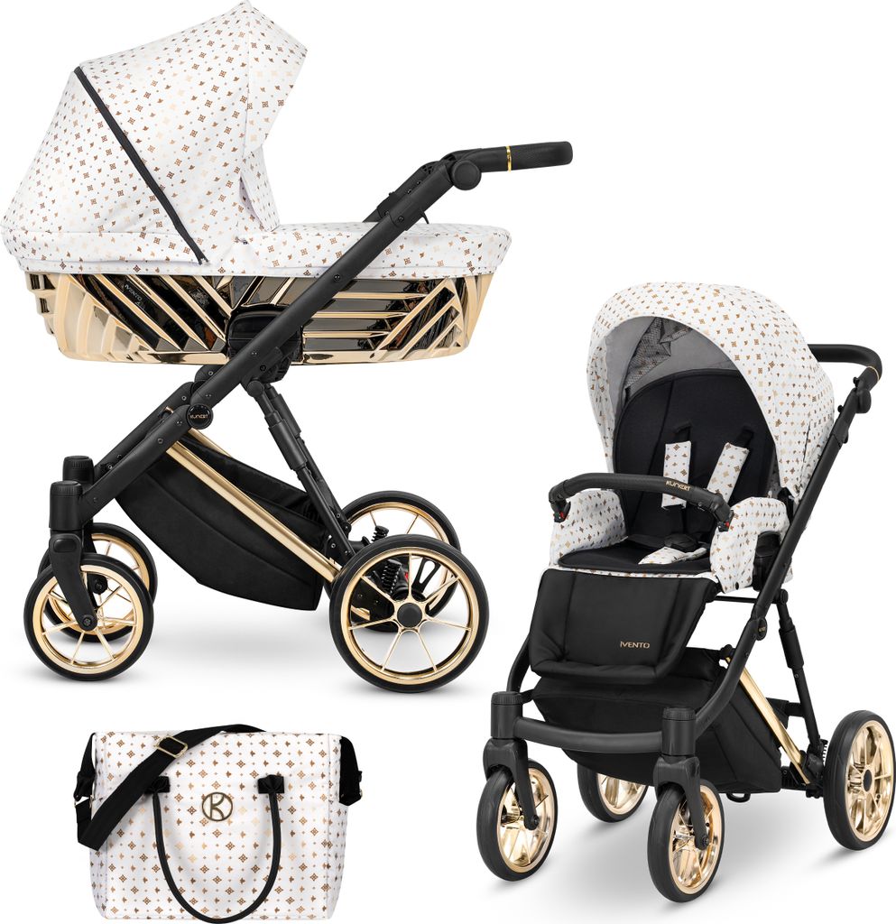 Kinderwagen IVENTO GLAM Sportwagen Babywagen Babyschale Komplettset Kinder Wagen Set 2 in 1 (White Style, Rahmenfarbe: Gold)