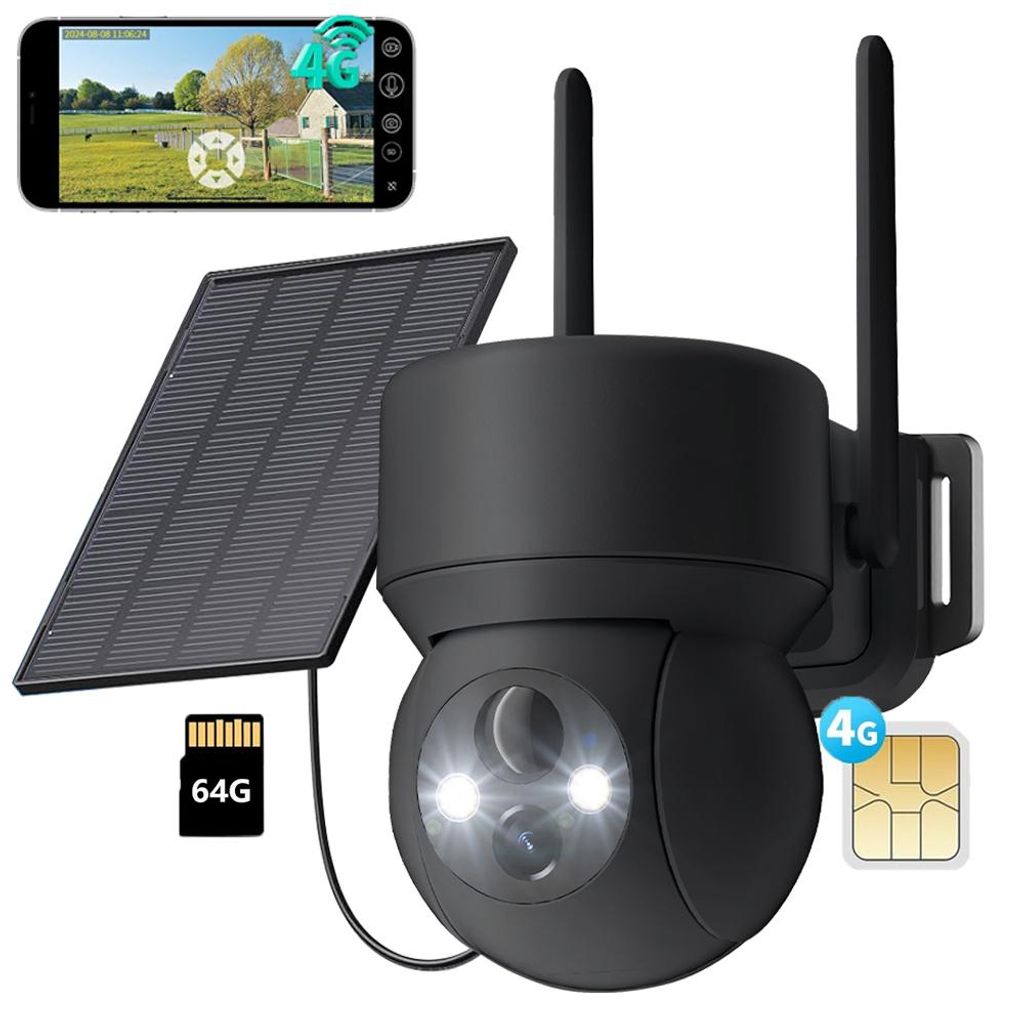 4G LTE Überwachungskamera Aussen Solar mit SIM Karte 2K HD PTZ Kabellos Kamera Ohne WLAN Outdoor Akku Farb Nachtsicht PIR Erkennung mit 64G