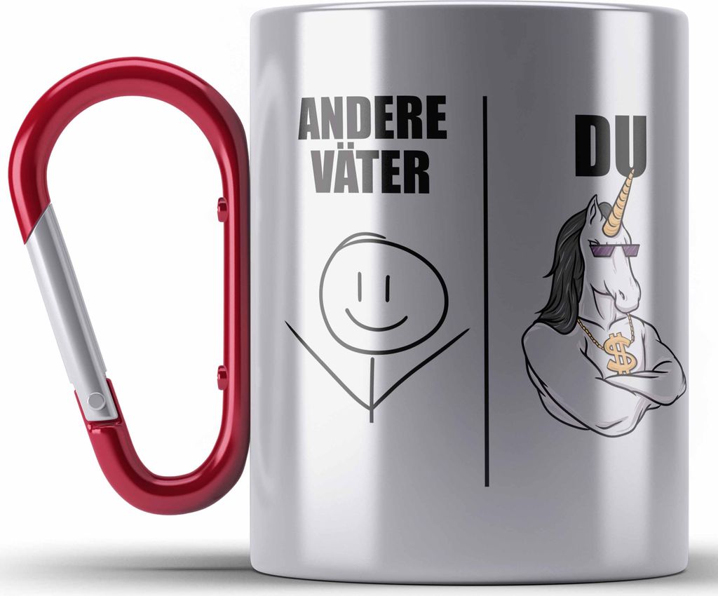 Trendation - Bester Vater Edelstahl Tasse Karabiner Geschenk mit Spruch Vatertag Geschenkidee von Sohn für Papa Karabiner Edelstahl Tasse Karabine...