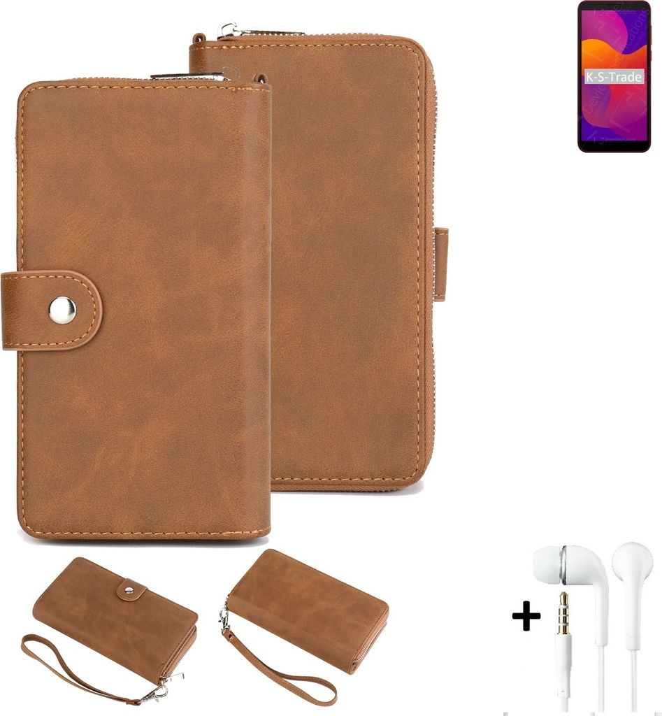 K-S-Trade Handy Schutz Hülle kompatibel mit Huawei Honor 9S + Kopfhörer Portemonnee Tasche Wallet-Case Bookstyle-Etui braun (1x)