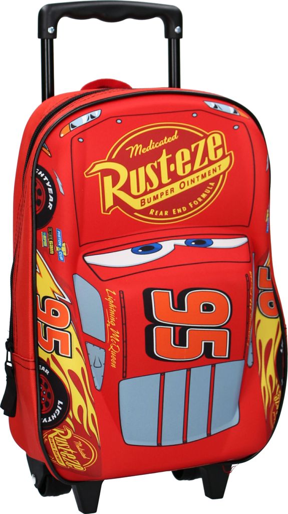 A red rolling backpack designed to look like the character Lightning McQueen from the movie Cars.