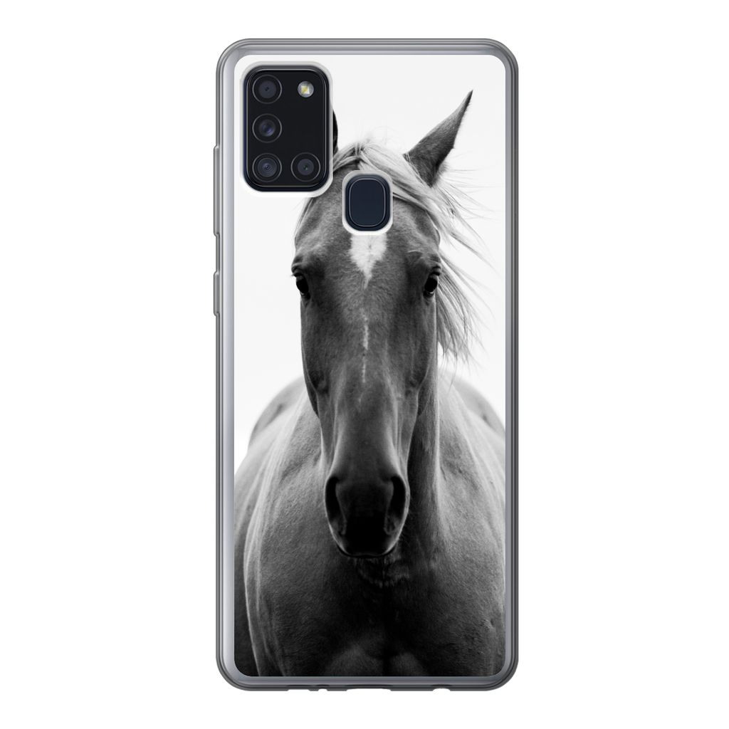 MuchoWow Handyhülle Schutzhülle Hülle für Samsung Galaxy A21s Pferd - Schwarz - Weiß - Porträt Silikon Softcase Handy Hülle - Hartschale
