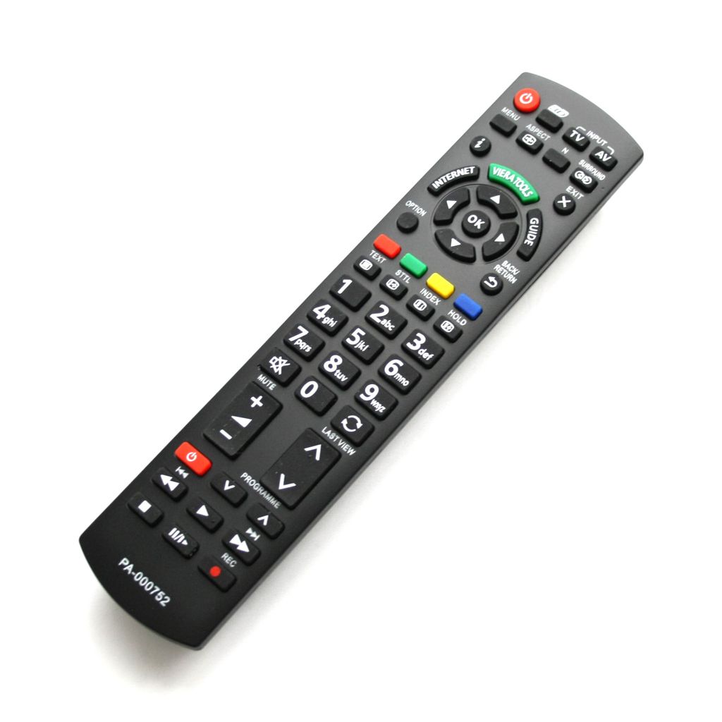 A black remote control is shown against a white background.