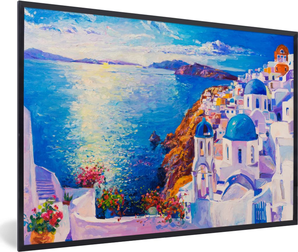 MuchoWow Gerahmtes Poster Malerei - Griechenland - Wasser - Öl 90x60 cm - Poster mit Schwarzem Bilderrahmen Wandposter Rahmen Foto Bilder - Foto...