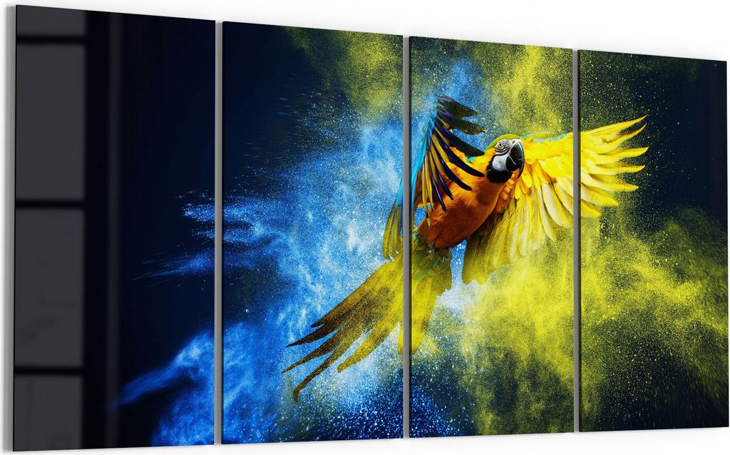 DEQORI Glasbild Echtglas 4x30x60 cm 'Papagei in Farbwolke' Wandbilder XXL groß