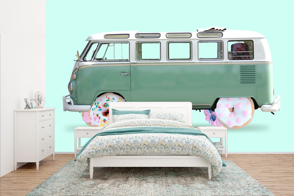 MuchoWow Fototapete für Wohnzimmer oder Schlafzimmer Wandtapete Vinyl Motivtapete Donuts - Lieferwagen - Auto - Grün - 400x240 cm - Gemustert