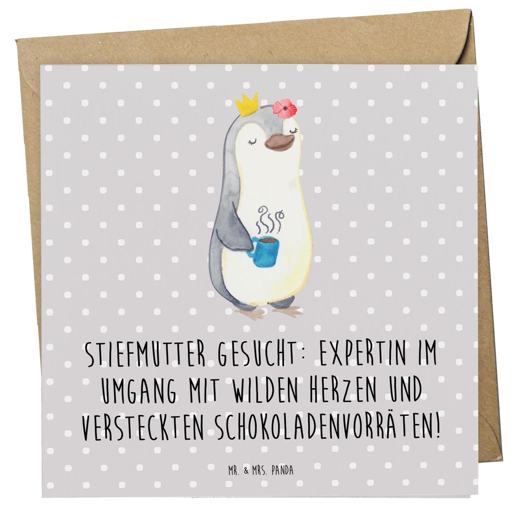 Mr. & Mrs. Panda Klappkarte Stiefmutter Expertin - Grau Pastell - Geschenk, einzigartige Designs, anlasskarte, Grußkarte, faltkarte, Geduld, Jubil...