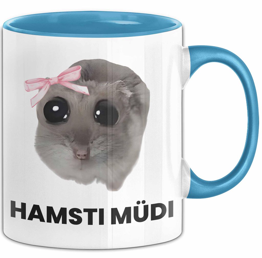Sad Hamster Meme Lustige Tasse Hamsti Trauriger Hamster Büro Kaffee-Becher Hamsti Müdi (Blau)