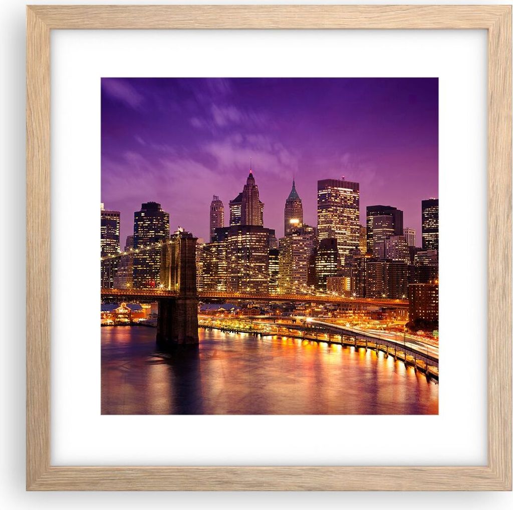 Gerahmtes Poster - Rahmen in heller Eiche - New york nacht brooklyn brücke - 30x30 cm - Wand Bild - Wanddeko - Wandbilder - Wandposter - Bilderrah...