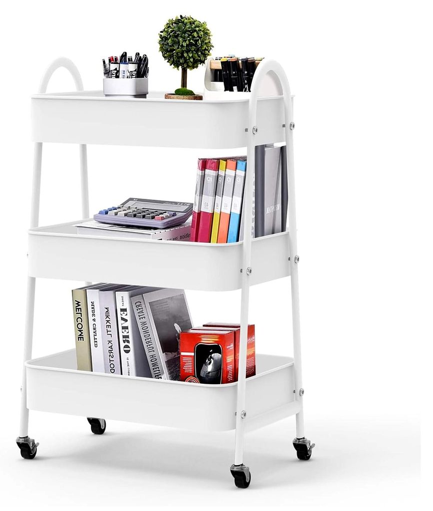 Rollwagen aus Kunststoff, 3 Schichten, multifunktionaler Aufbewahrungswagen, Büro, Wohnzimmer, Küche, Mobile Aufbewahrungsbox mit Rädern, Weiß