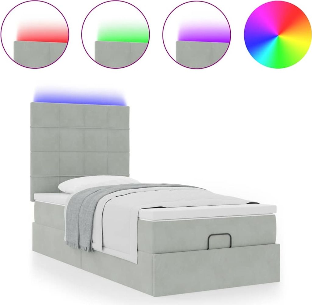 Ottoman-Bett mit Matratzen & LEDs Hellgrau 100x200 cm Samt