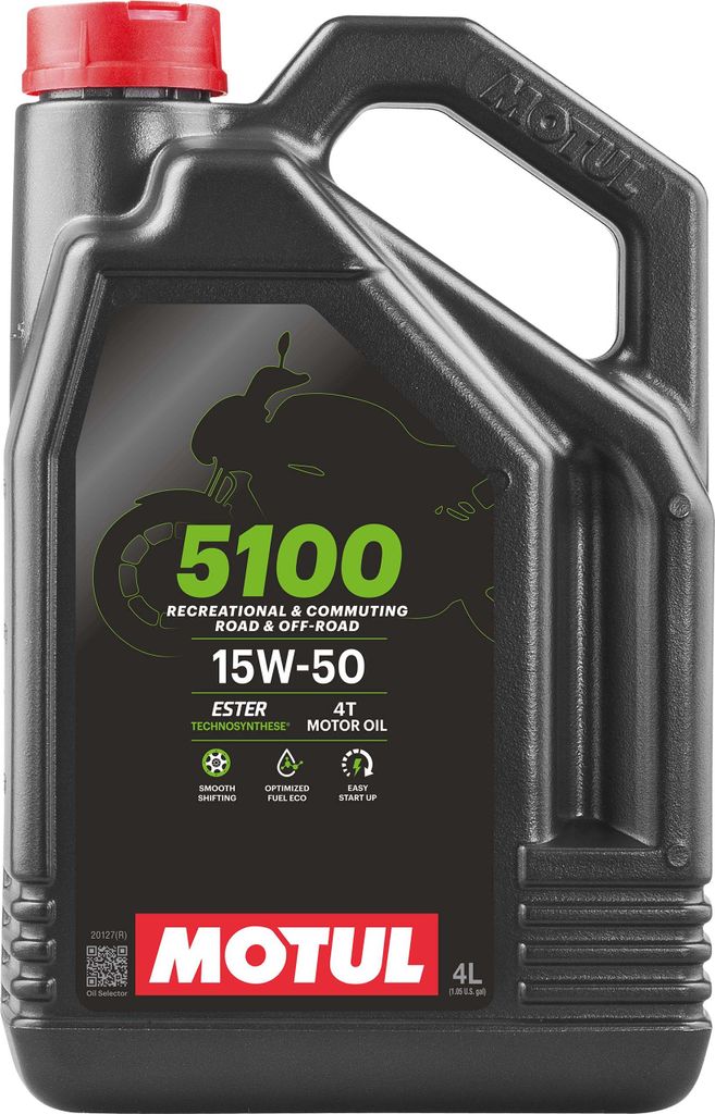 A black plastic jug of Motul 5100 4T Ester 15W50 4L motor oil.