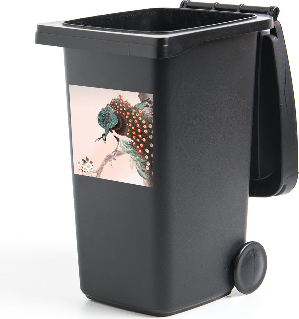 MuchoWow Mülltonnenaufkleber Pfauenfedern - Vintage - Pfau - Blumen - Japanisch 40x40 cm - Abfall-Aufkleber - Container - für Abfallcontainer
