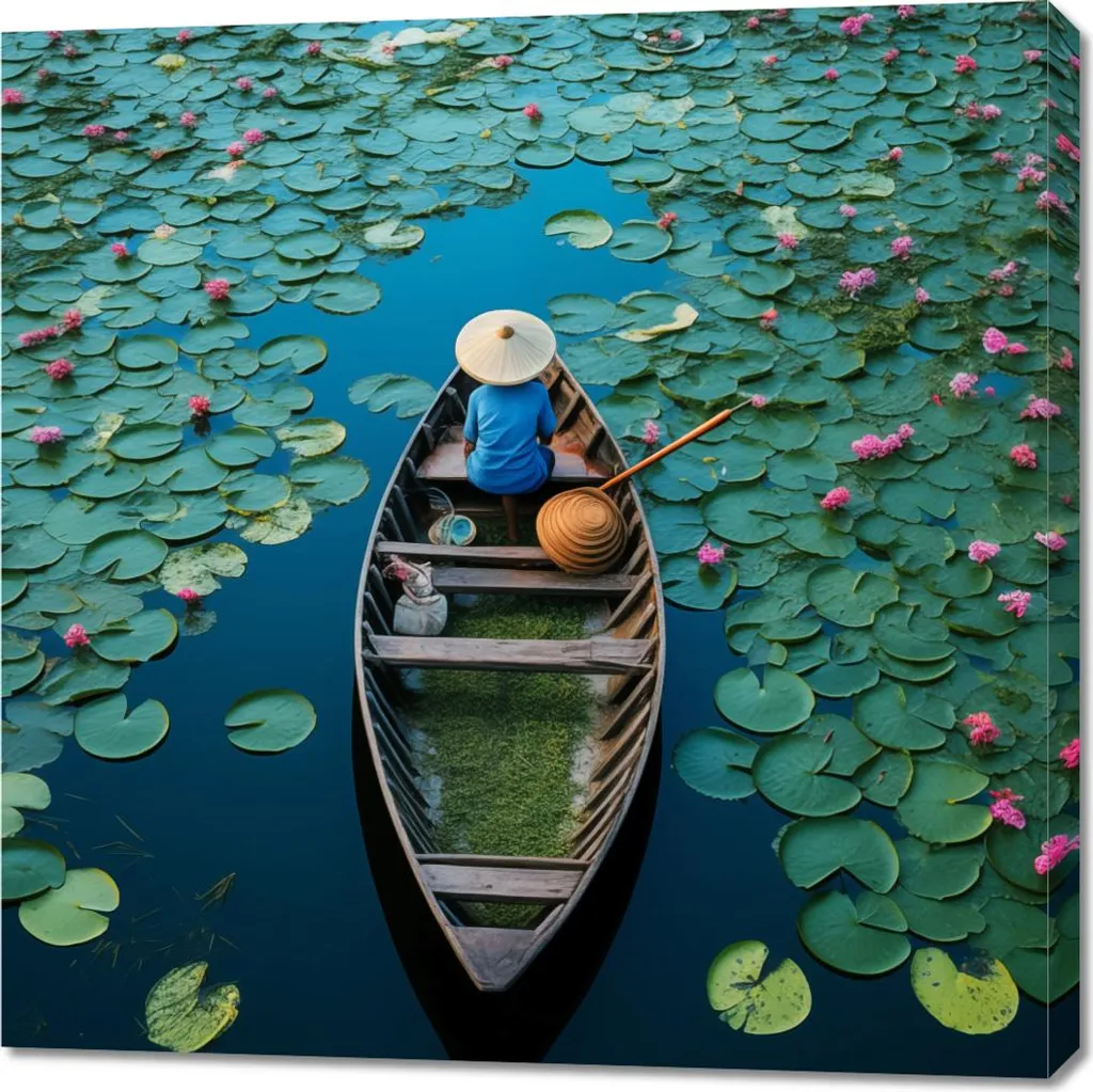 Ambiance Nature Chambre ou Salon Tableau 90x90 cm Bateau et Nénuphars Doux